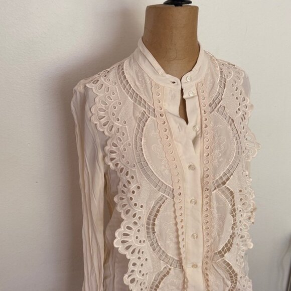 Reiss 2 Embroidered detailed Cream Blouse fancy collar button front long sleeve - Picture 2 of 9